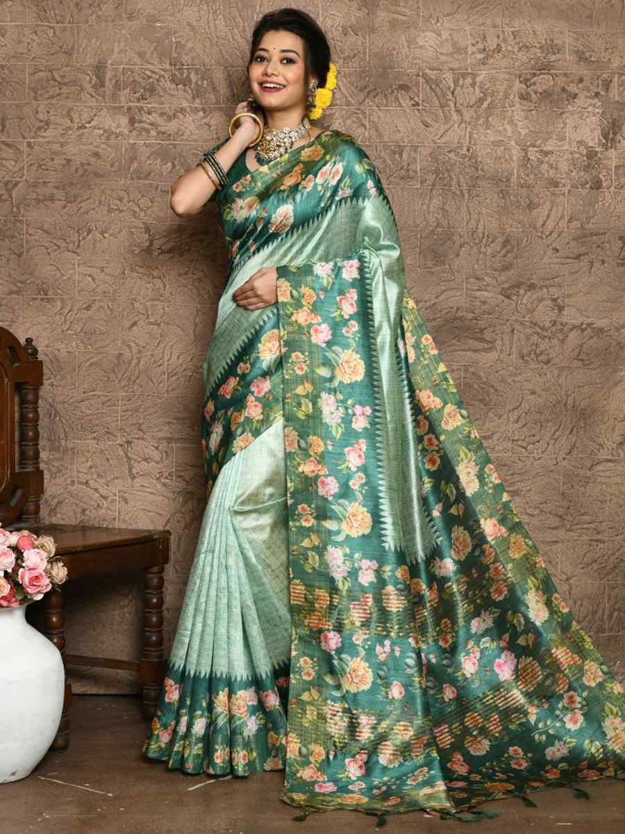 Sea Green Silk Printed Casual Festival Contemporary Saree