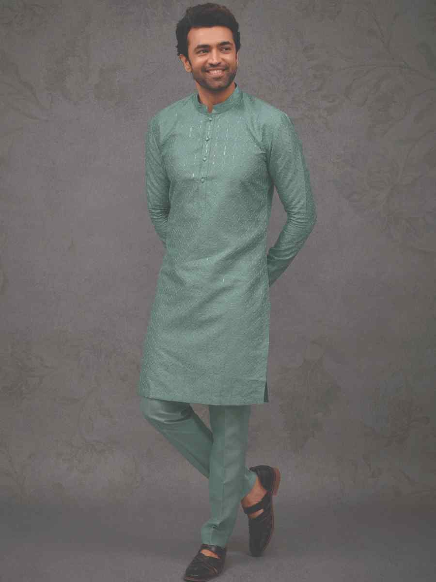 Sea Green Silk Woven Party Wedding Kurta