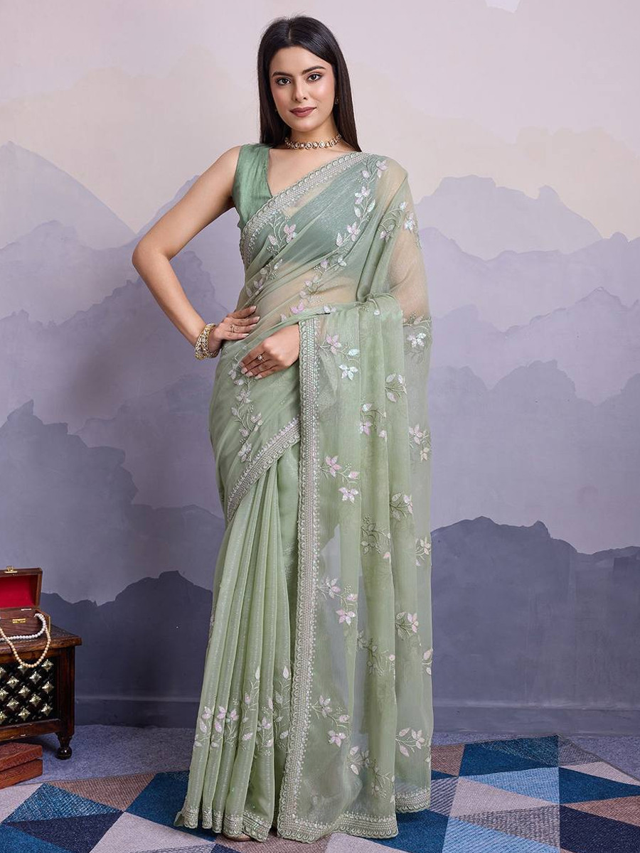 Sea Green Simmer Chiffon Handwoven Festival Wedding Classic Style Saree