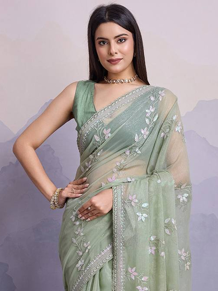 Sea Green Simmer Chiffon Handwoven Festival Wedding Classic Style Saree