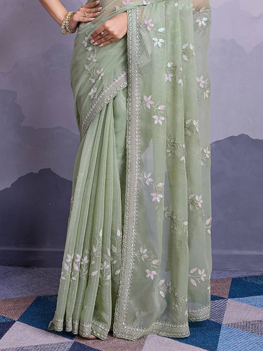 Sea Green Simmer Chiffon Handwoven Festival Wedding Classic Style Saree