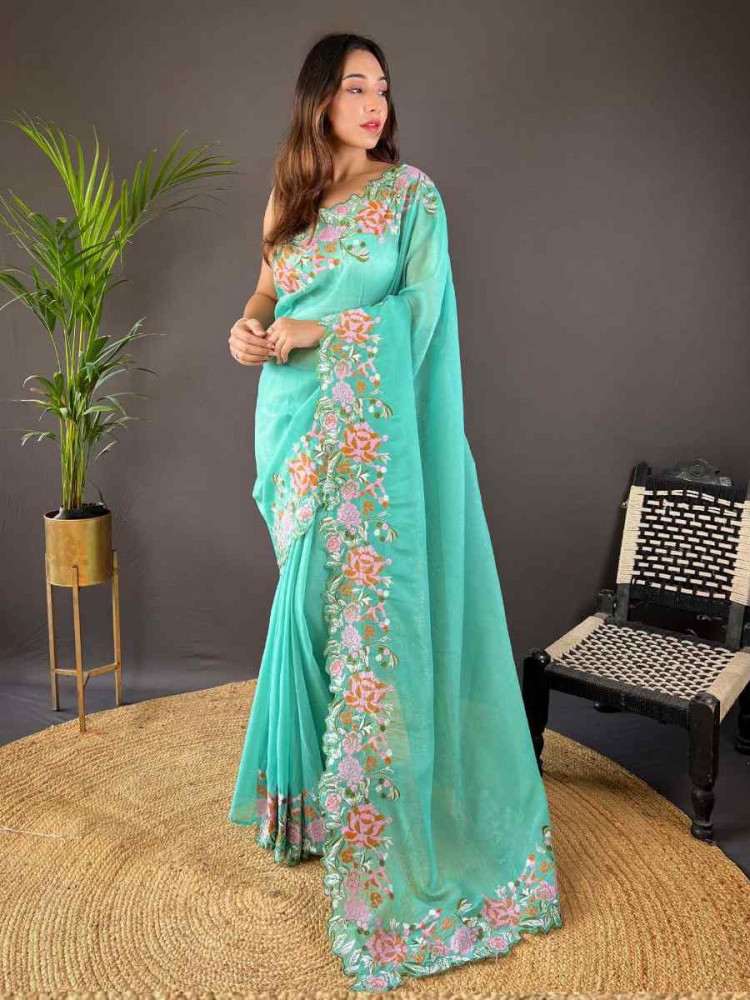 Sea Green Soft Glossy Silk Embroidered Reception Party Heavy Border Saree