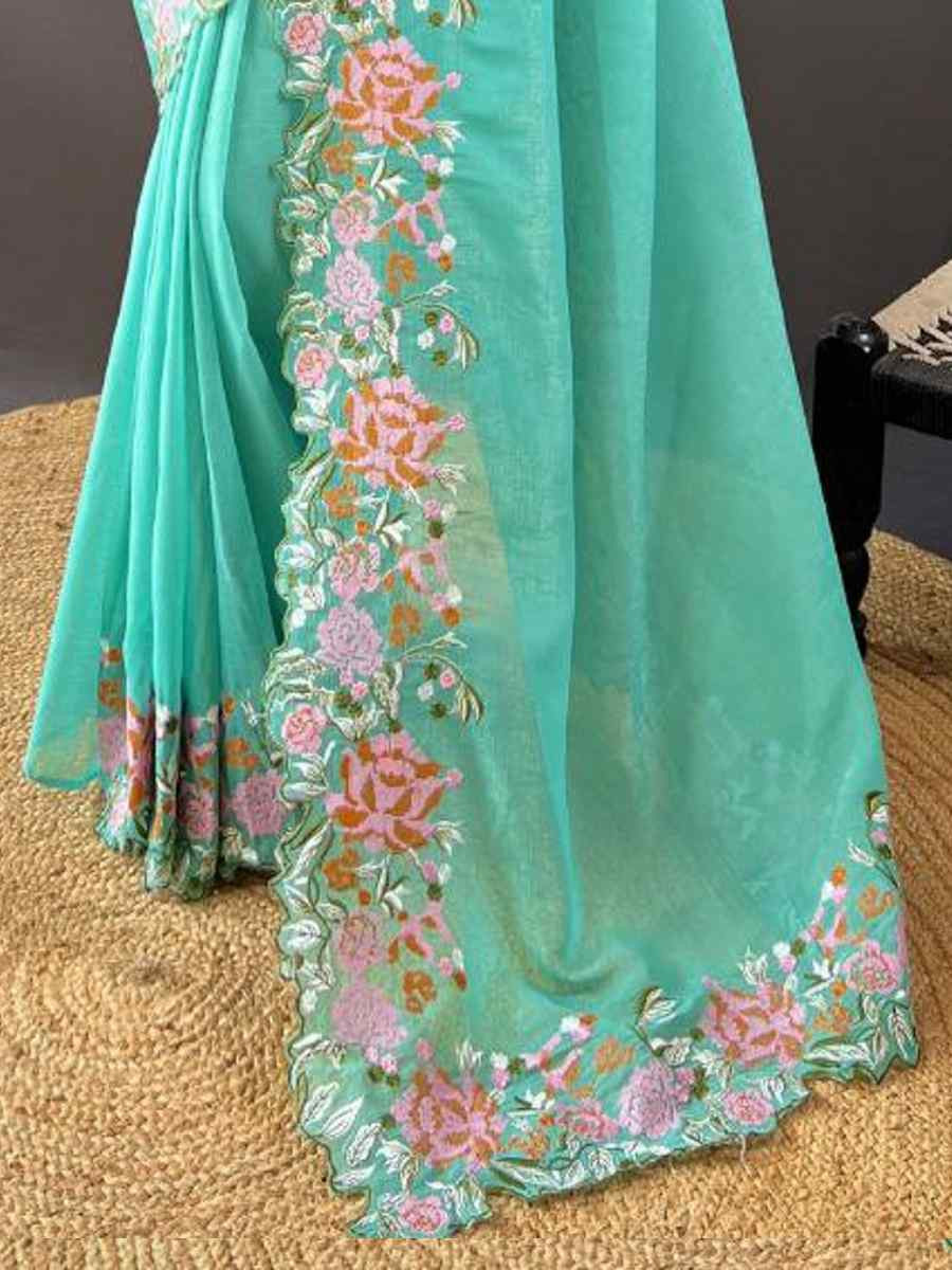 Sea Green Soft Glossy Silk Embroidered Reception Party Heavy Border Saree