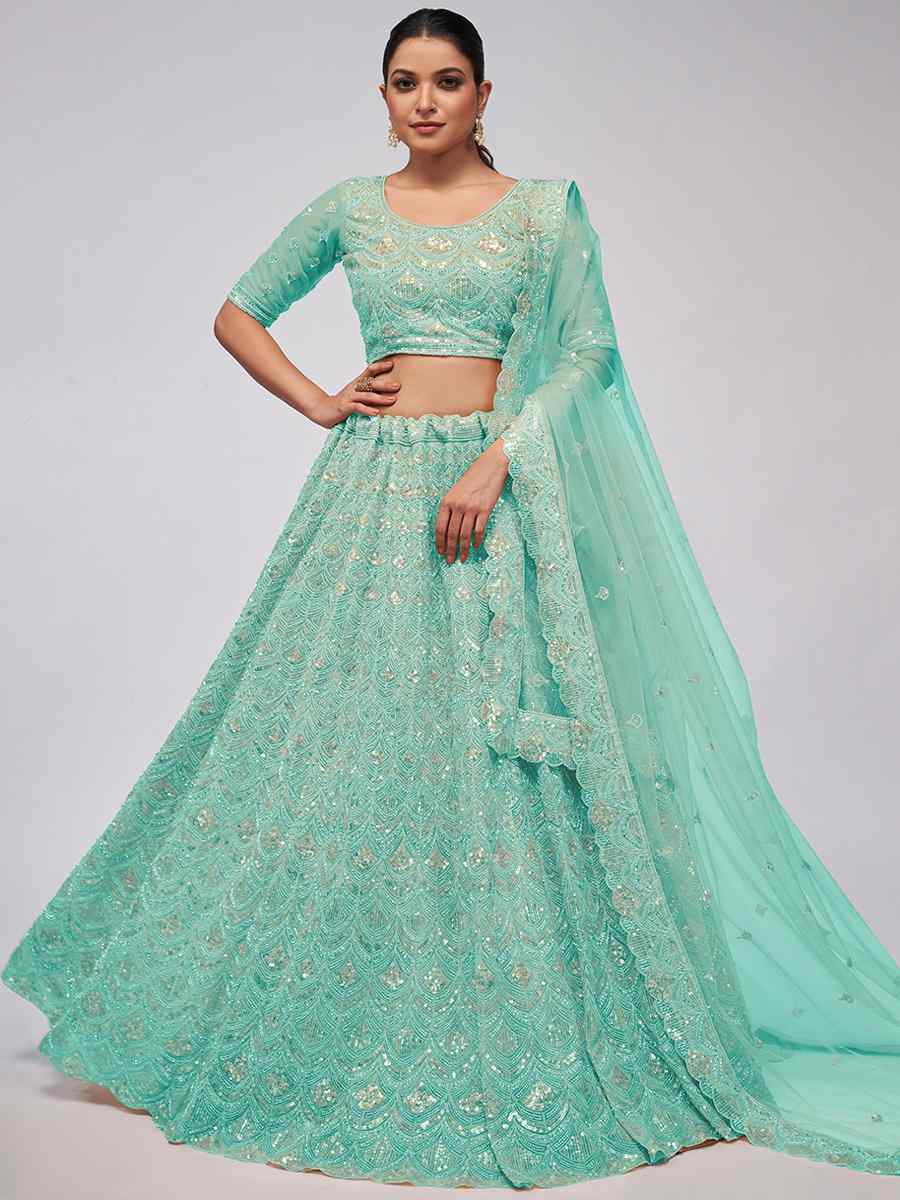 Sea Green Soft Net Embroidery Bridesmaid Wedding Heavy Border Lehenga Choli