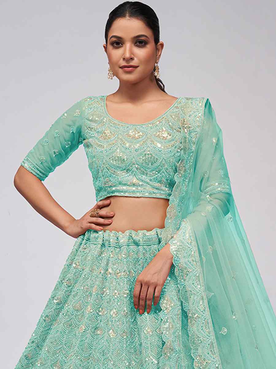 Sea Green Soft Net Embroidery Bridesmaid Wedding Heavy Border Lehenga Choli