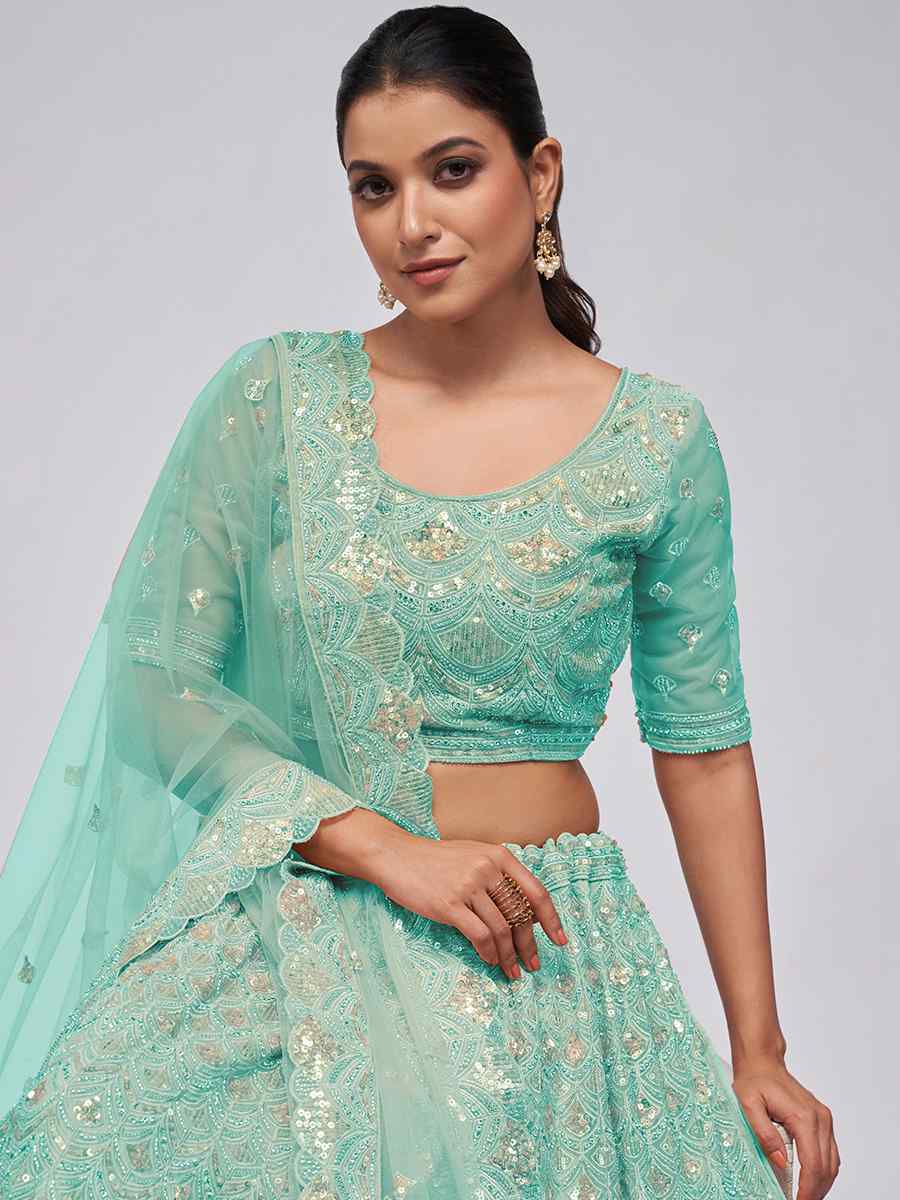 Sea Green Soft Net Embroidery Bridesmaid Wedding Heavy Border Lehenga Choli