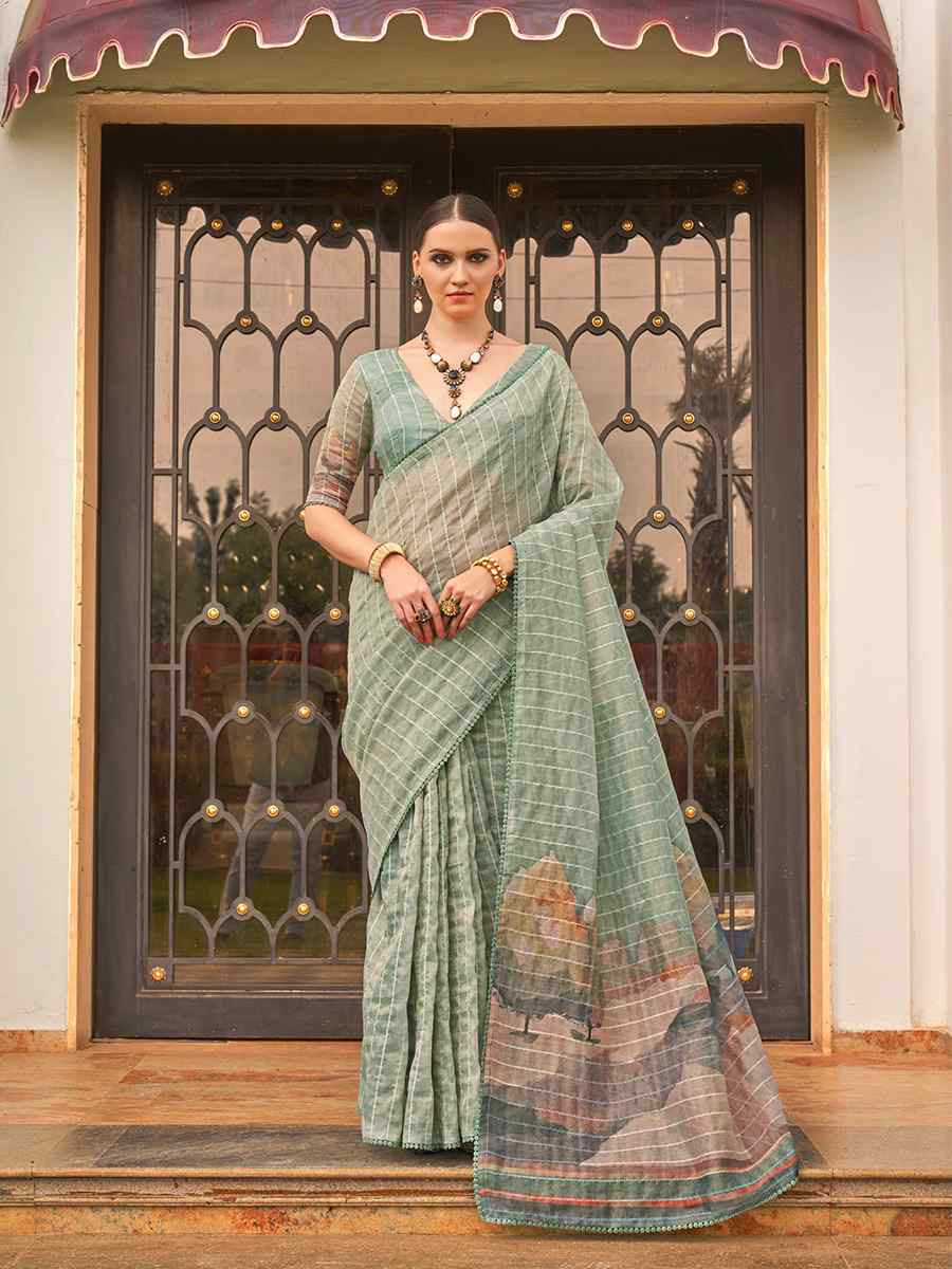 Sea Green Tissue Silk Printed Festival Casual Contemporary Saree