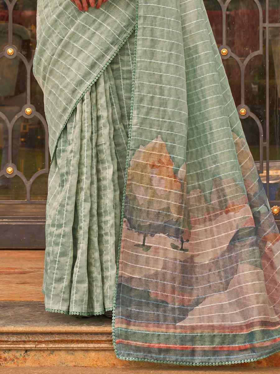 Sea Green Tissue Silk Printed Festival Casual Contemporary Saree