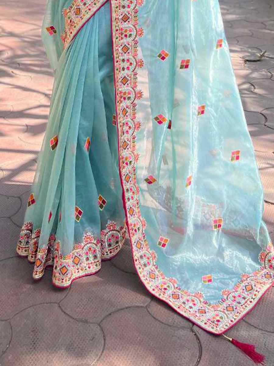 Sea Green Twill Net Embroidered Party Reception Heavy Border Saree