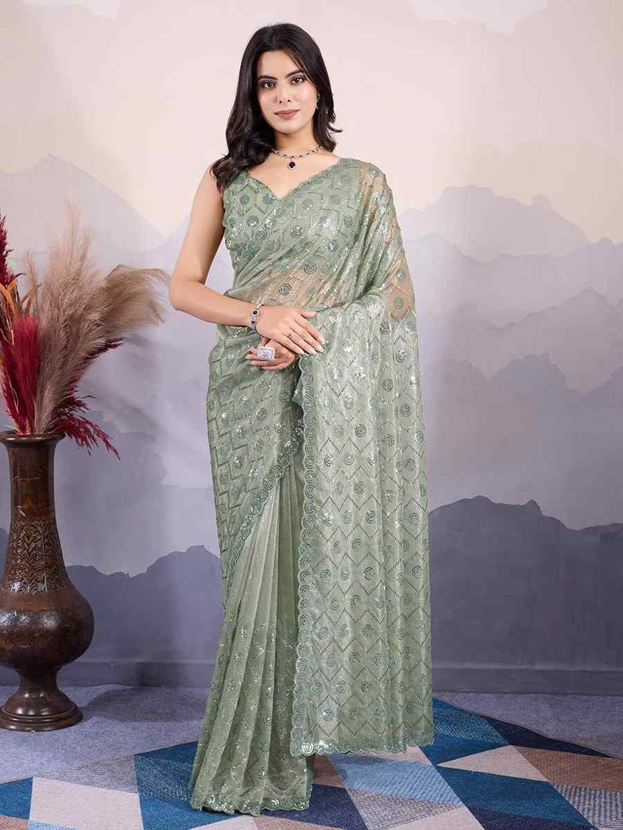 Sea Green Twill Net Handwoven Festival Wedding Heavy Border Saree