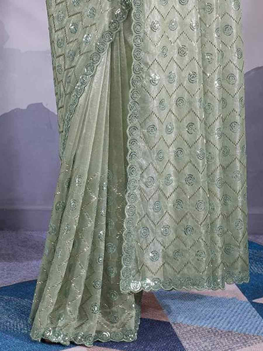 Sea Green Twill Net Handwoven Festival Wedding Heavy Border Saree