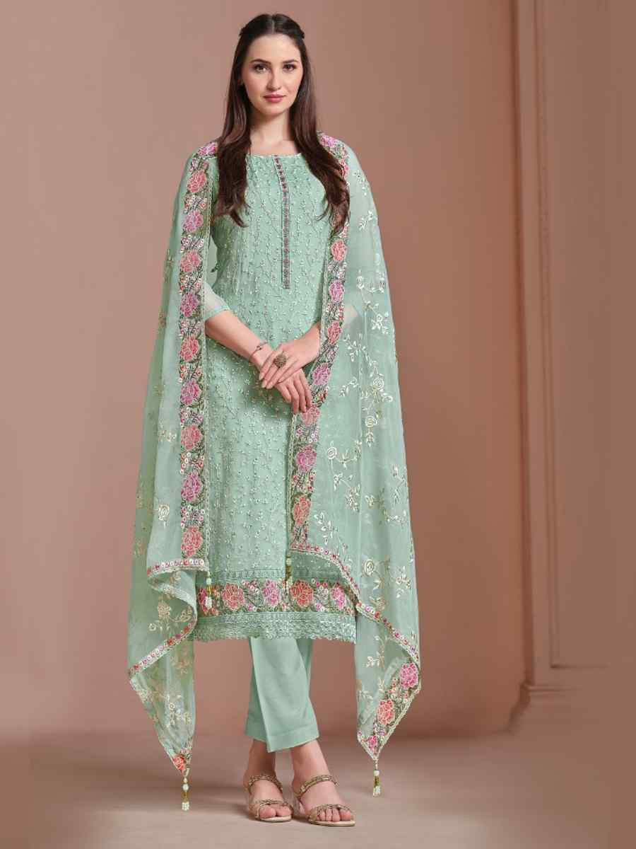 Sea Green Twinkle Chiffon Embroidered Festival Wedding Pant Salwar Kameez