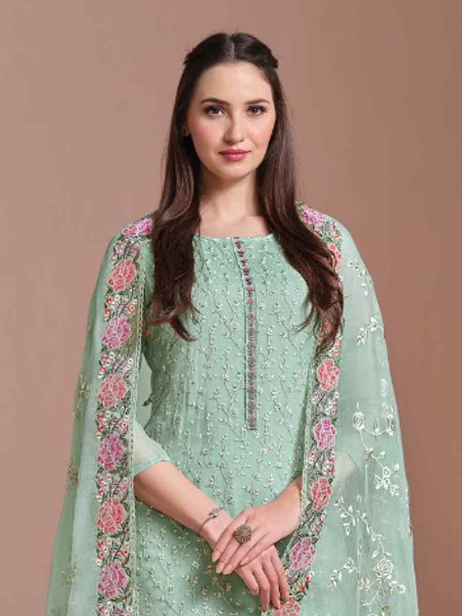 Sea Green Twinkle Chiffon Embroidered Festival Wedding Pant Salwar Kameez