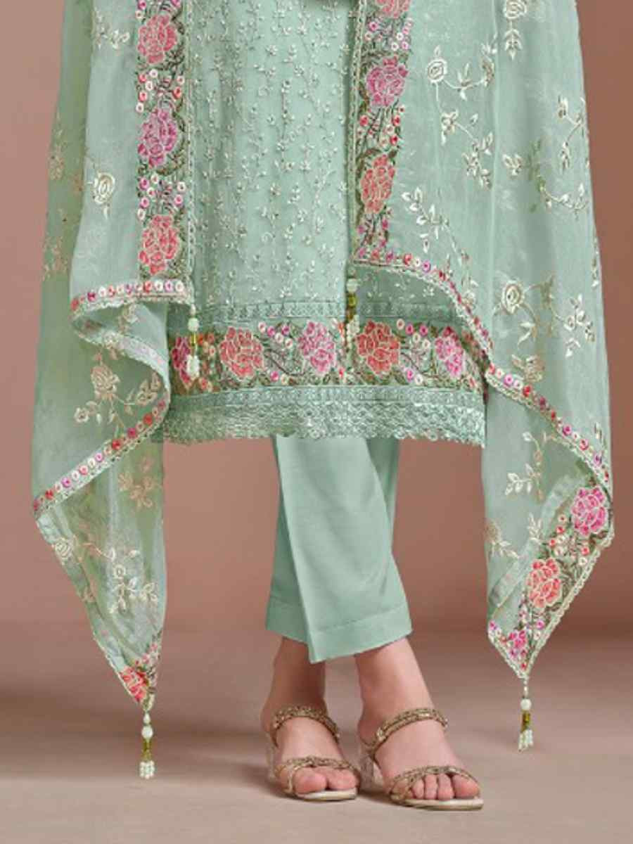 Sea Green Twinkle Chiffon Embroidered Festival Wedding Pant Salwar Kameez