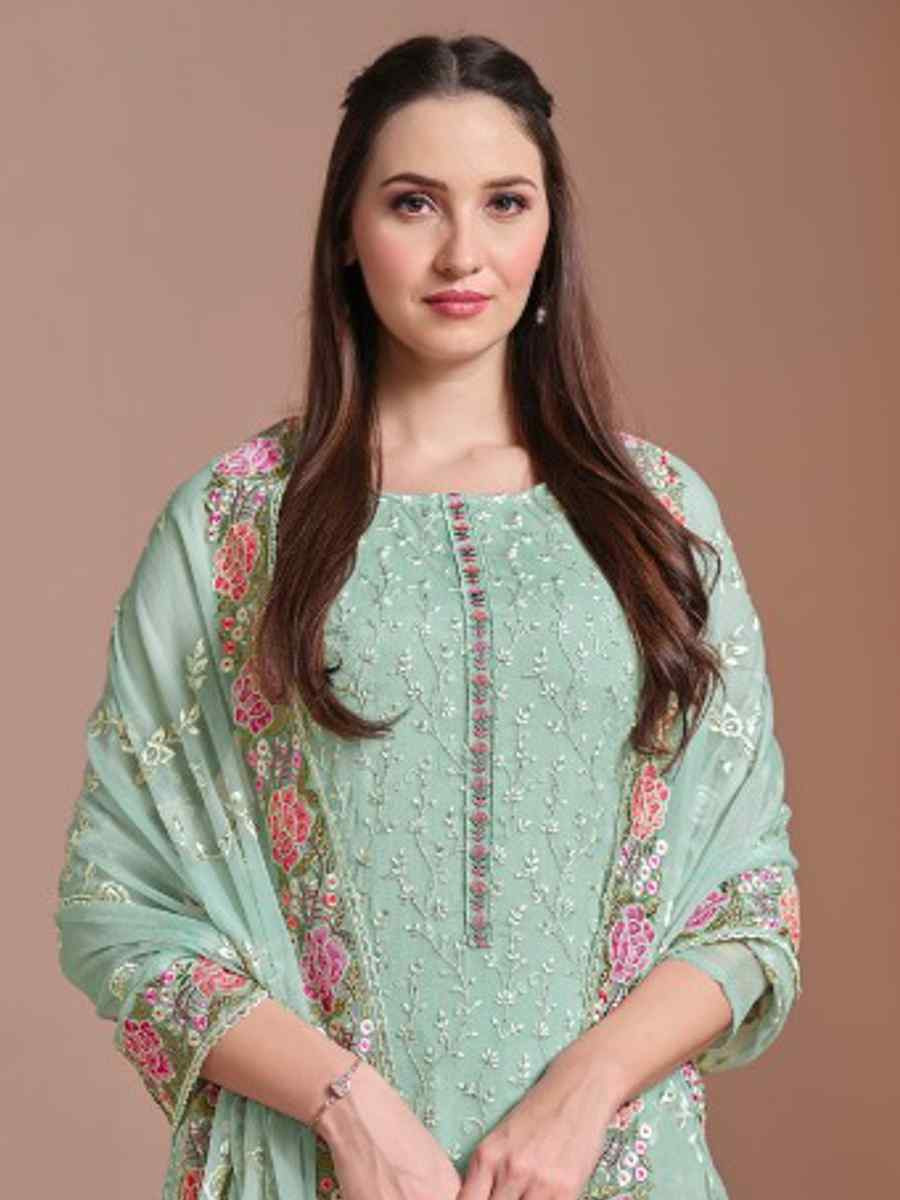 Sea Green Twinkle Chiffon Embroidered Festival Wedding Pant Salwar Kameez