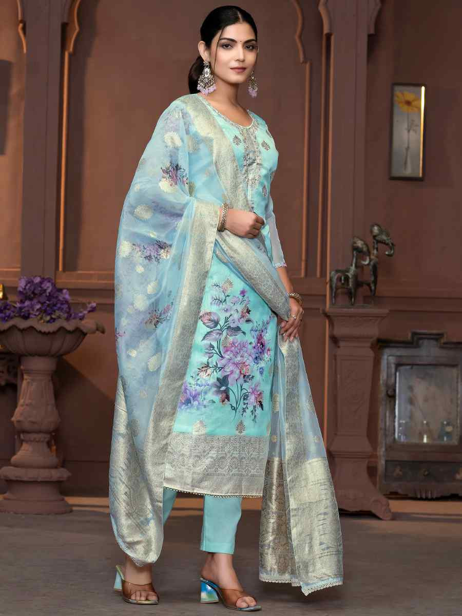 Sea Green Viscose Organza Embroidered Casual Festival Pant Salwar Kameez