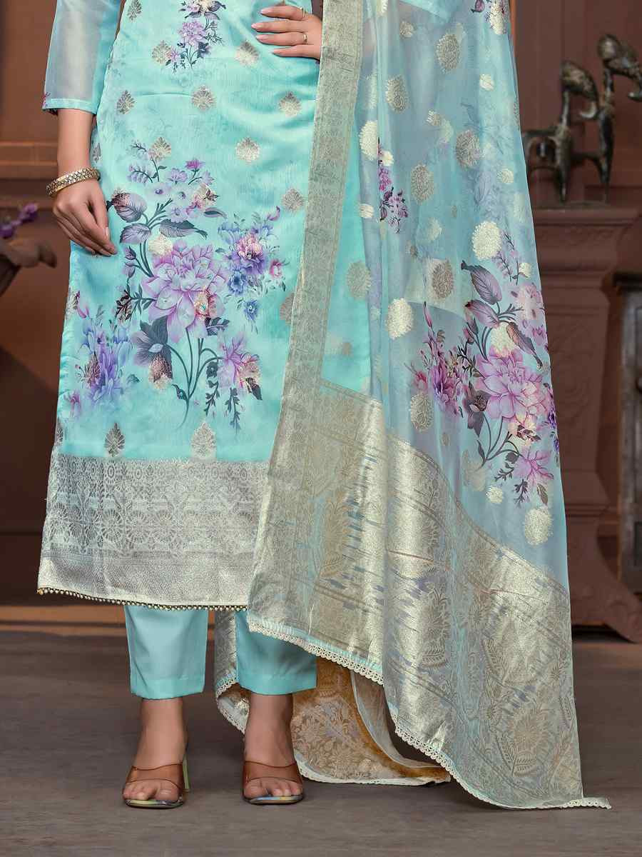 Sea Green Viscose Organza Embroidered Casual Festival Pant Salwar Kameez