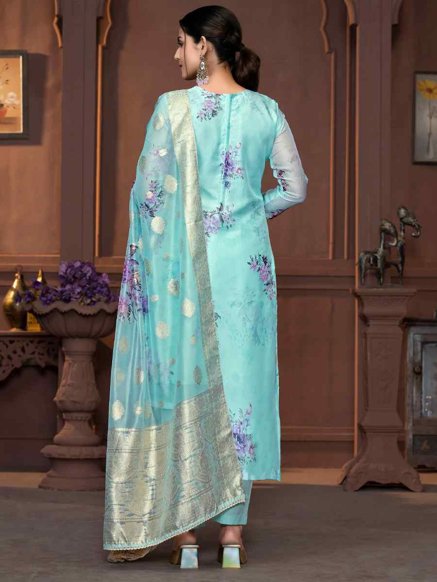 Sea Green Viscose Organza Embroidered Casual Festival Pant Salwar Kameez