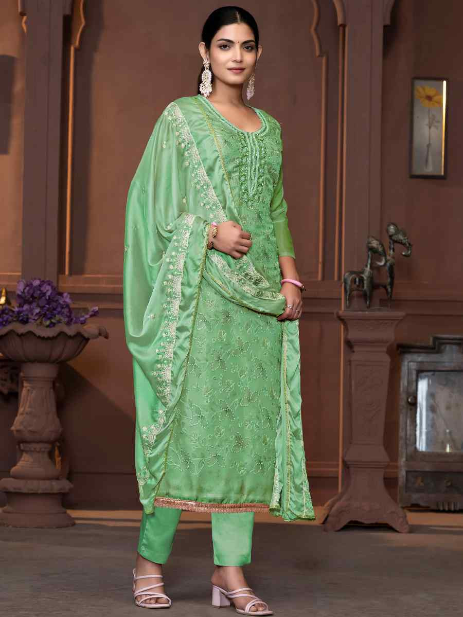 Sea Green Viscose Organza Embroidered Casual Festival Pant Salwar Kameez