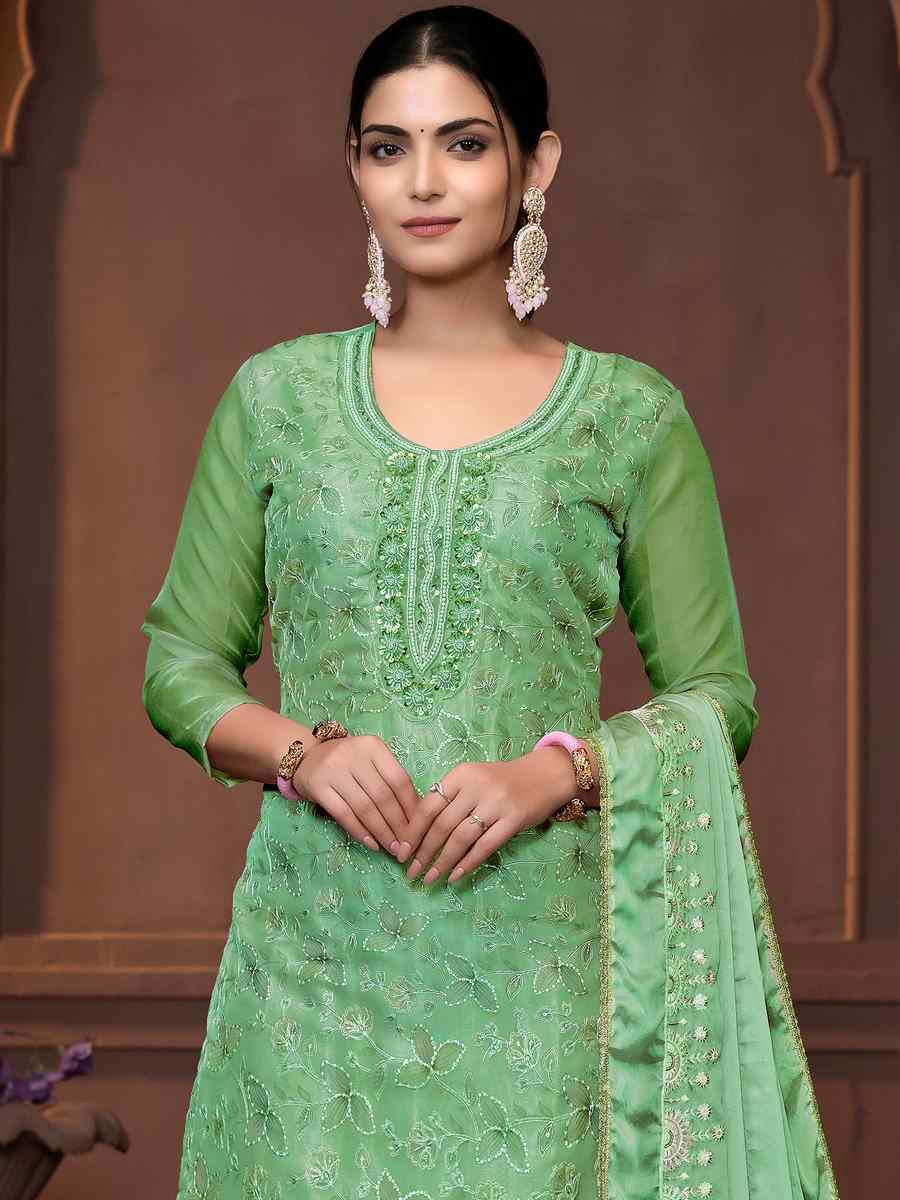 Sea Green Viscose Organza Embroidered Casual Festival Pant Salwar Kameez