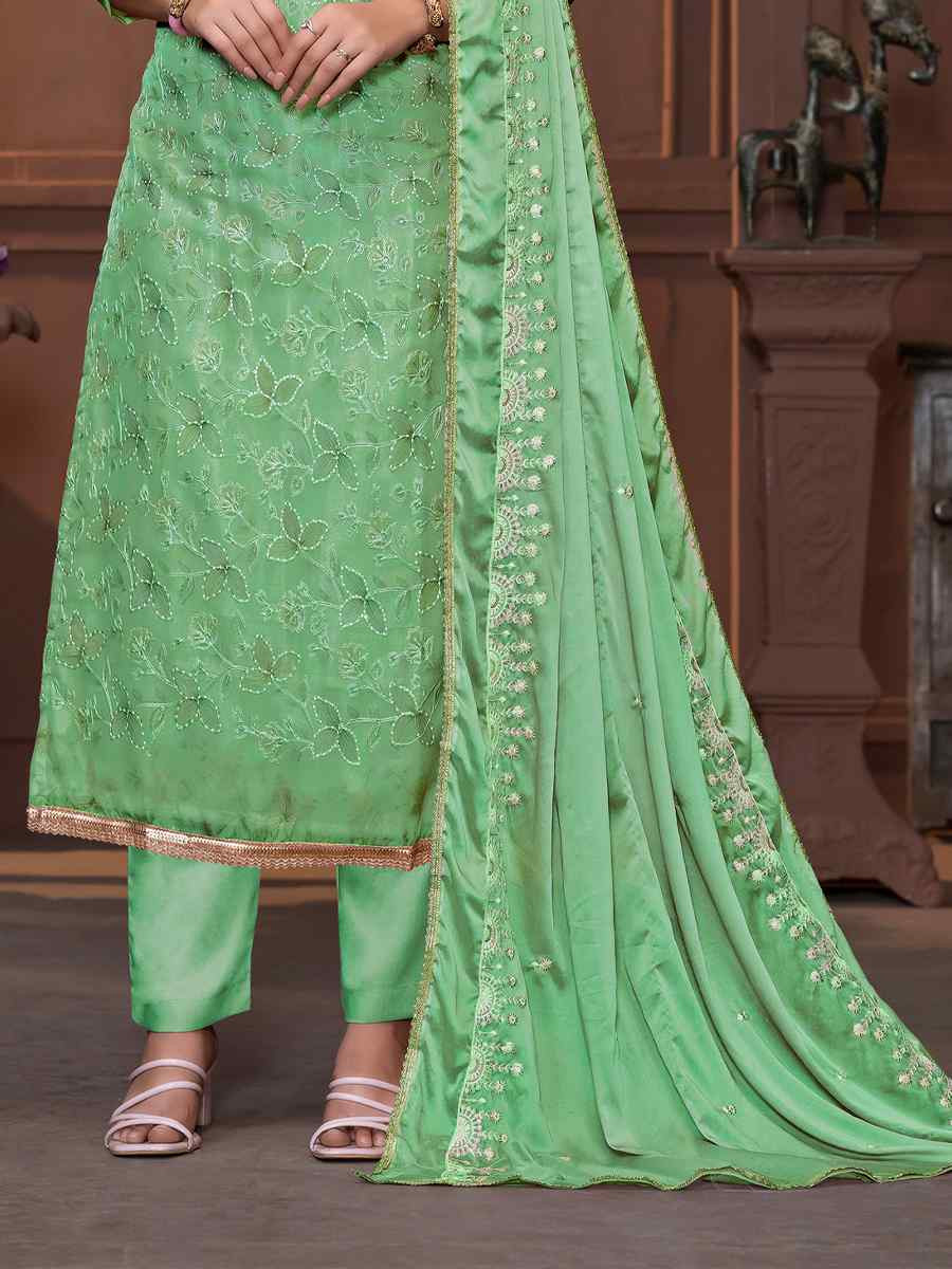 Sea Green Viscose Organza Embroidered Casual Festival Pant Salwar Kameez