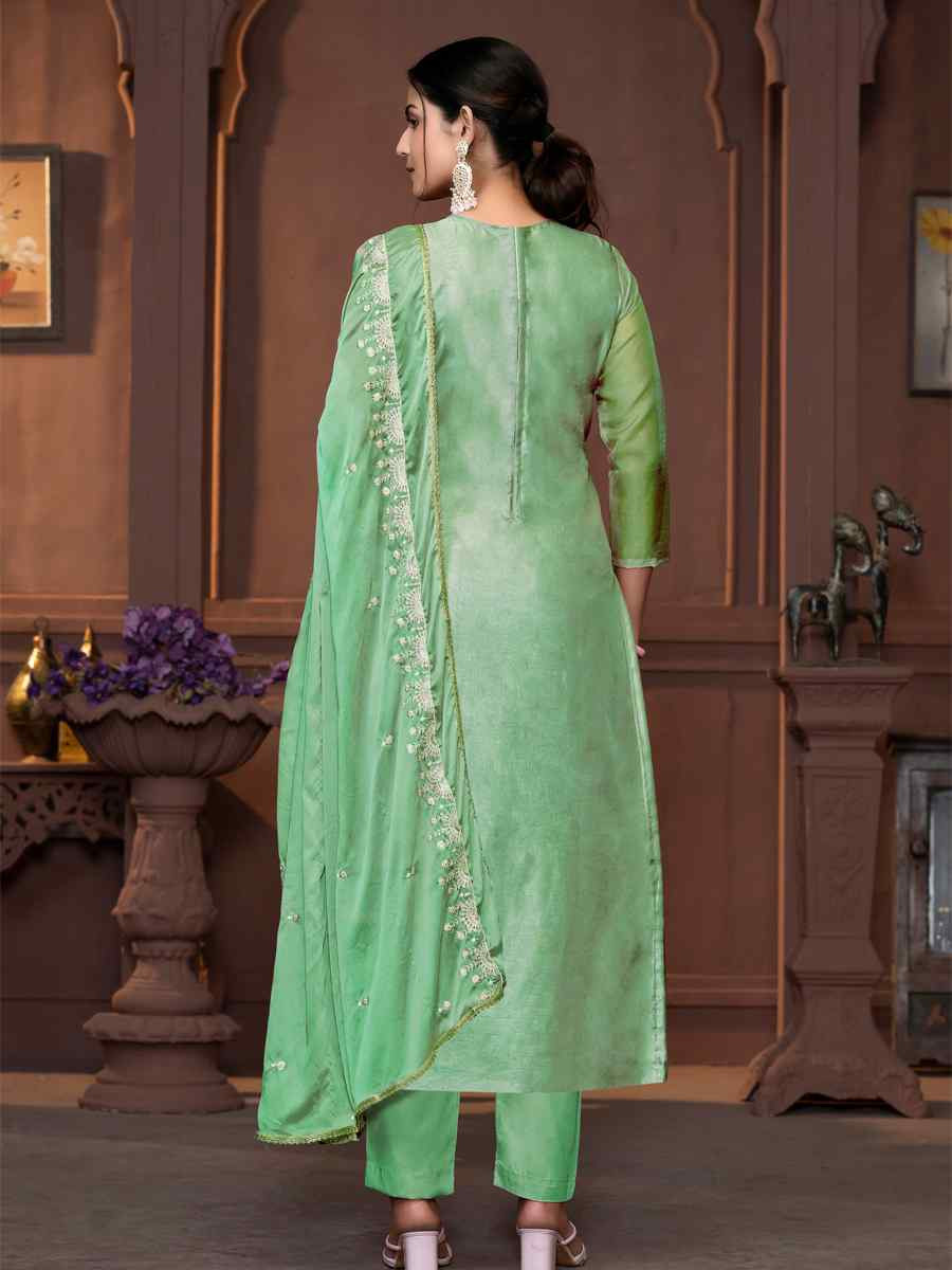 Sea Green Viscose Organza Embroidered Casual Festival Pant Salwar Kameez