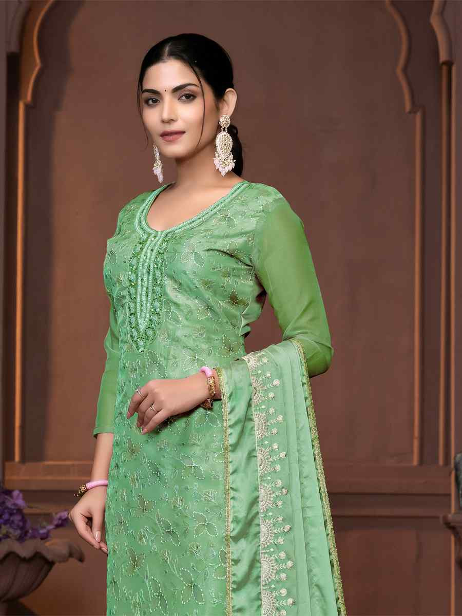 Sea Green Viscose Organza Embroidered Casual Festival Pant Salwar Kameez