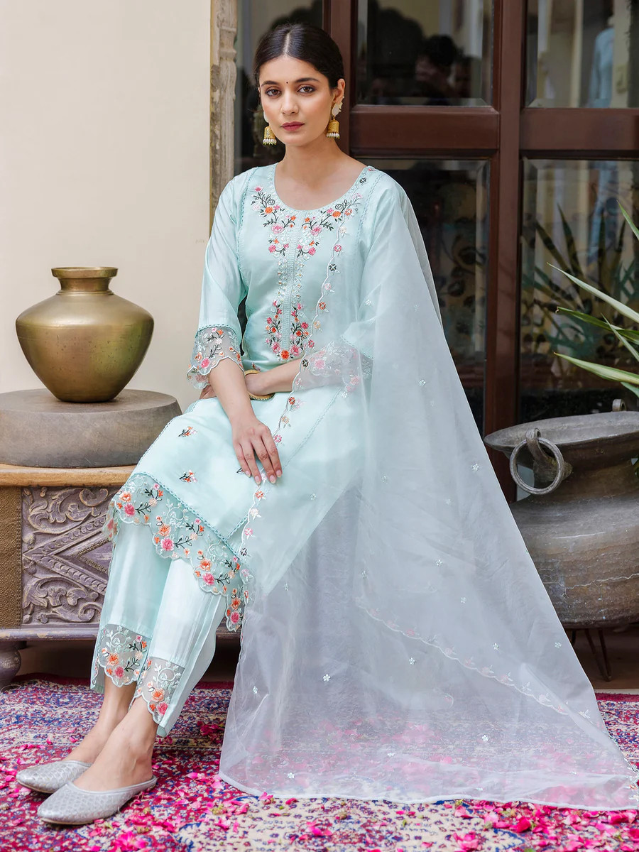 Sea Green Viscose Roman Silk Embroidered Festival Party Ready Pant Salwar Kameez