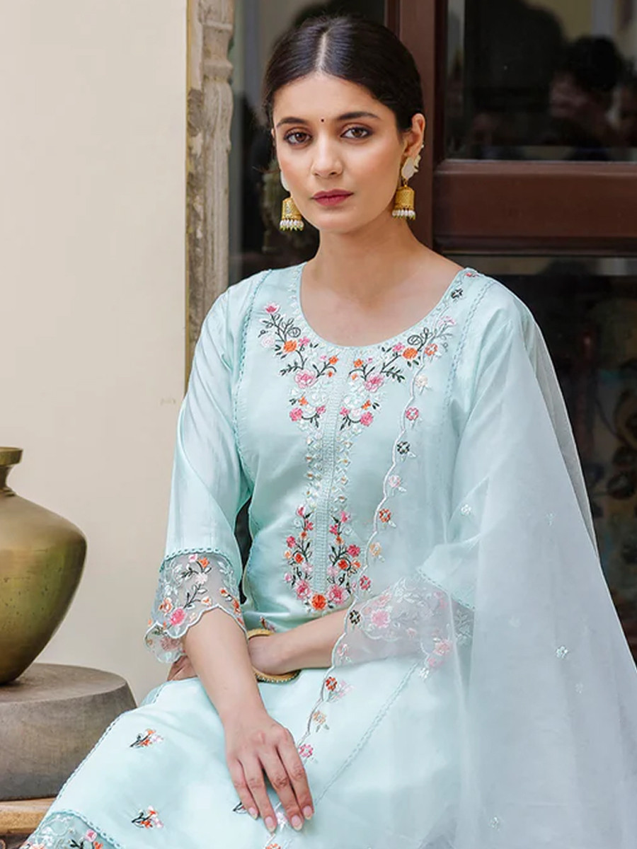 Sea Green Viscose Roman Silk Embroidered Festival Party Ready Pant Salwar Kameez