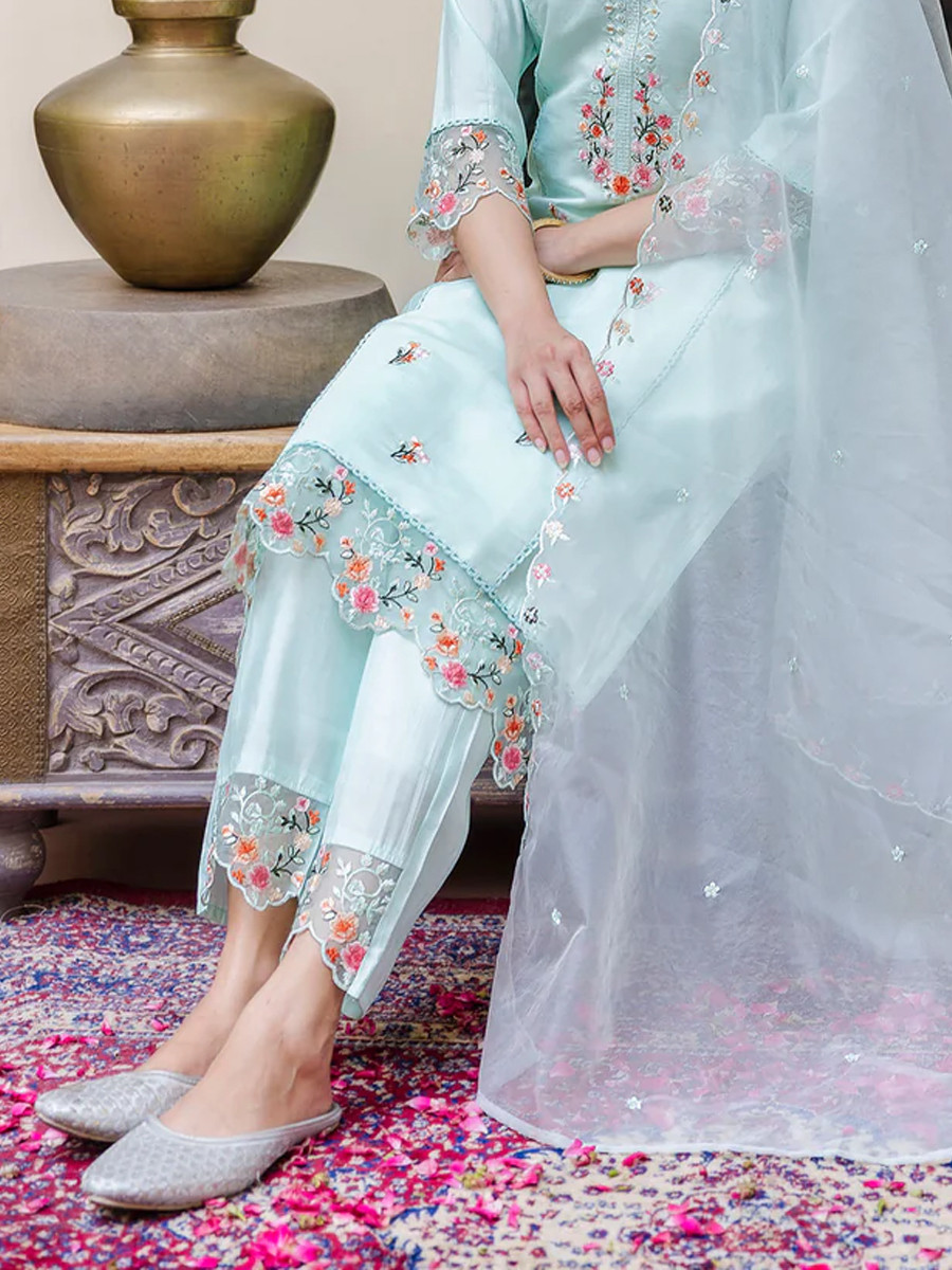 Sea Green Viscose Roman Silk Embroidered Festival Party Ready Pant Salwar Kameez