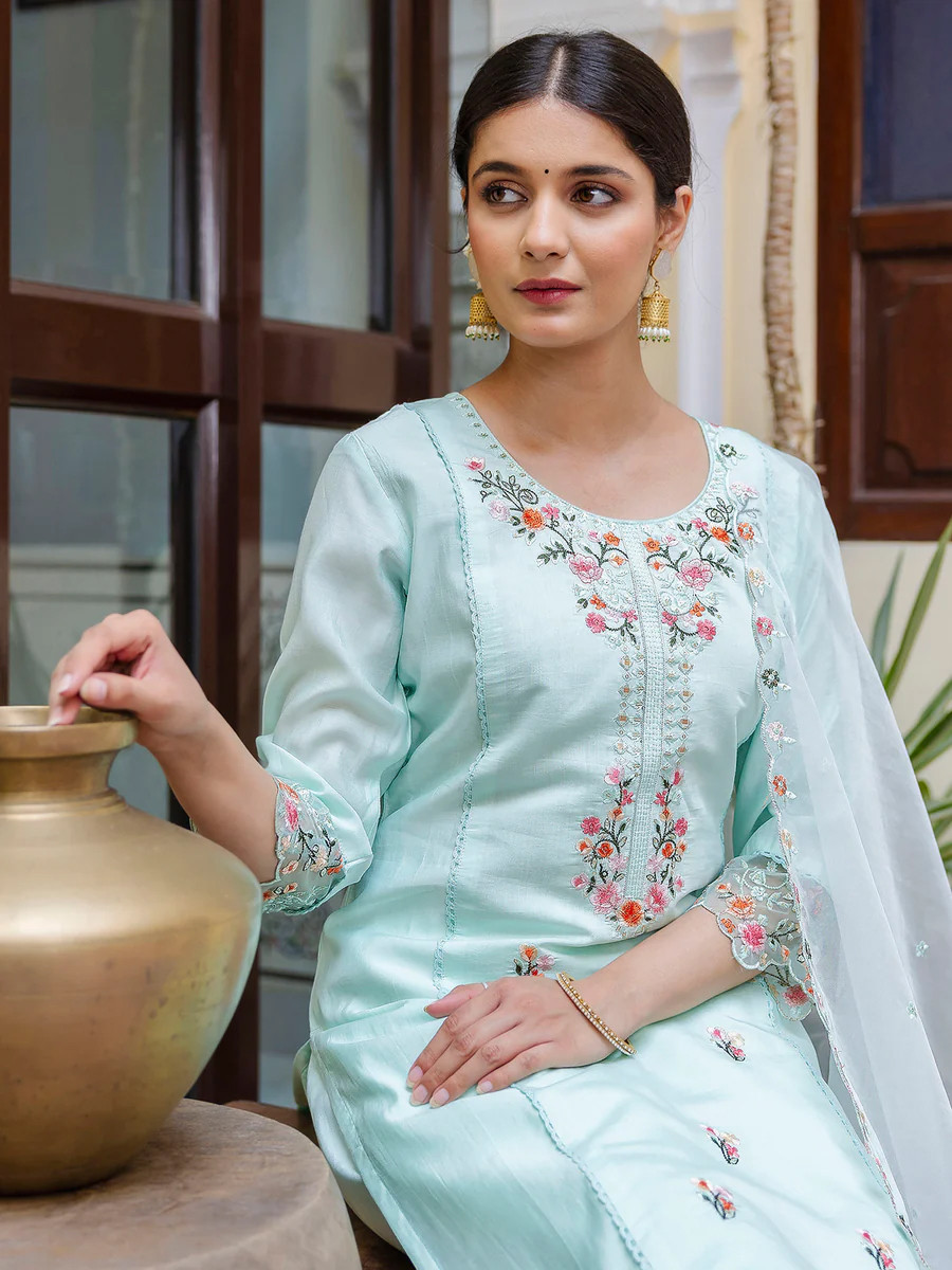 Sea Green Viscose Roman Silk Embroidered Festival Party Ready Pant Salwar Kameez