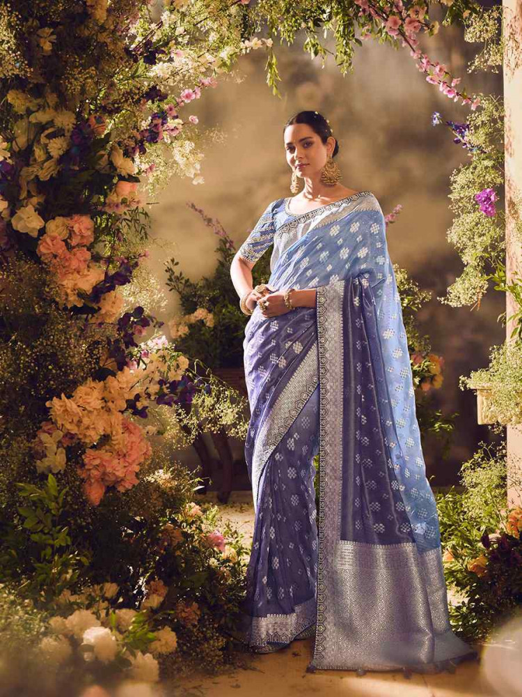 Shaded Sky Blue Tissue Silk Embroidered Festival Wedding Heavy Border Saree