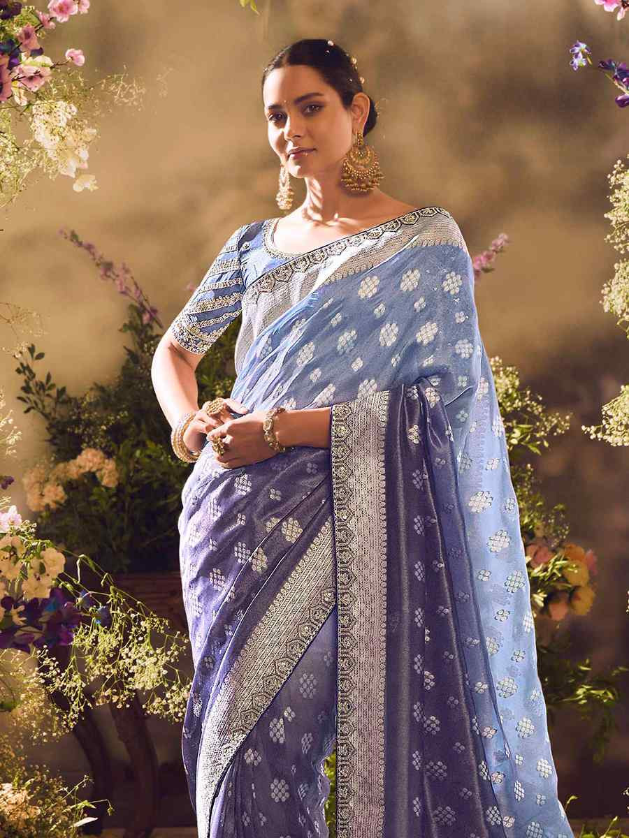 Shaded Sky Blue Tissue Silk Embroidered Festival Wedding Heavy Border Saree