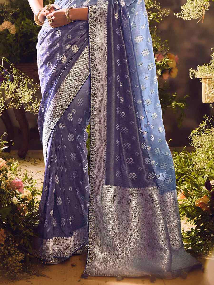 Shaded Sky Blue Tissue Silk Embroidered Festival Wedding Heavy Border Saree