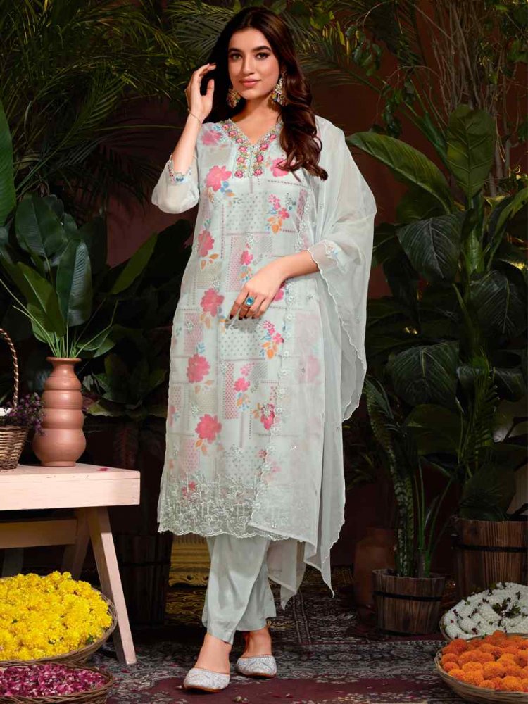 Silver Organza Embroidered Festival Casual Ready Pant Salwar Kameez