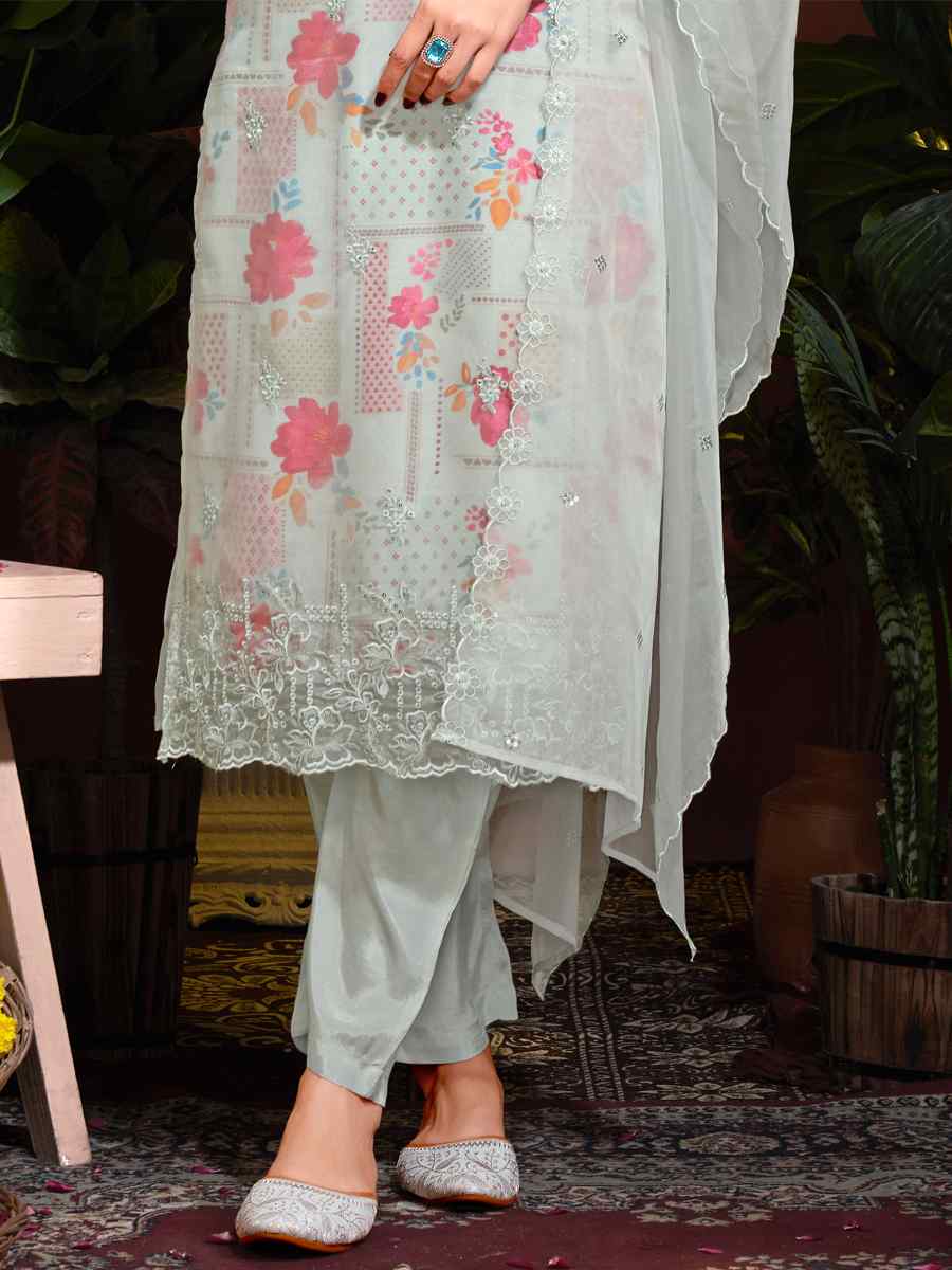 Silver Organza Embroidered Festival Casual Ready Pant Salwar Kameez