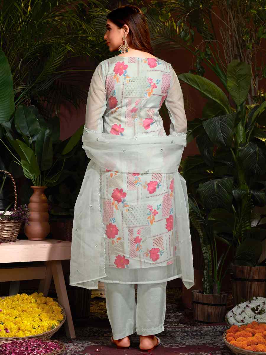 Silver Organza Embroidered Festival Casual Ready Pant Salwar Kameez