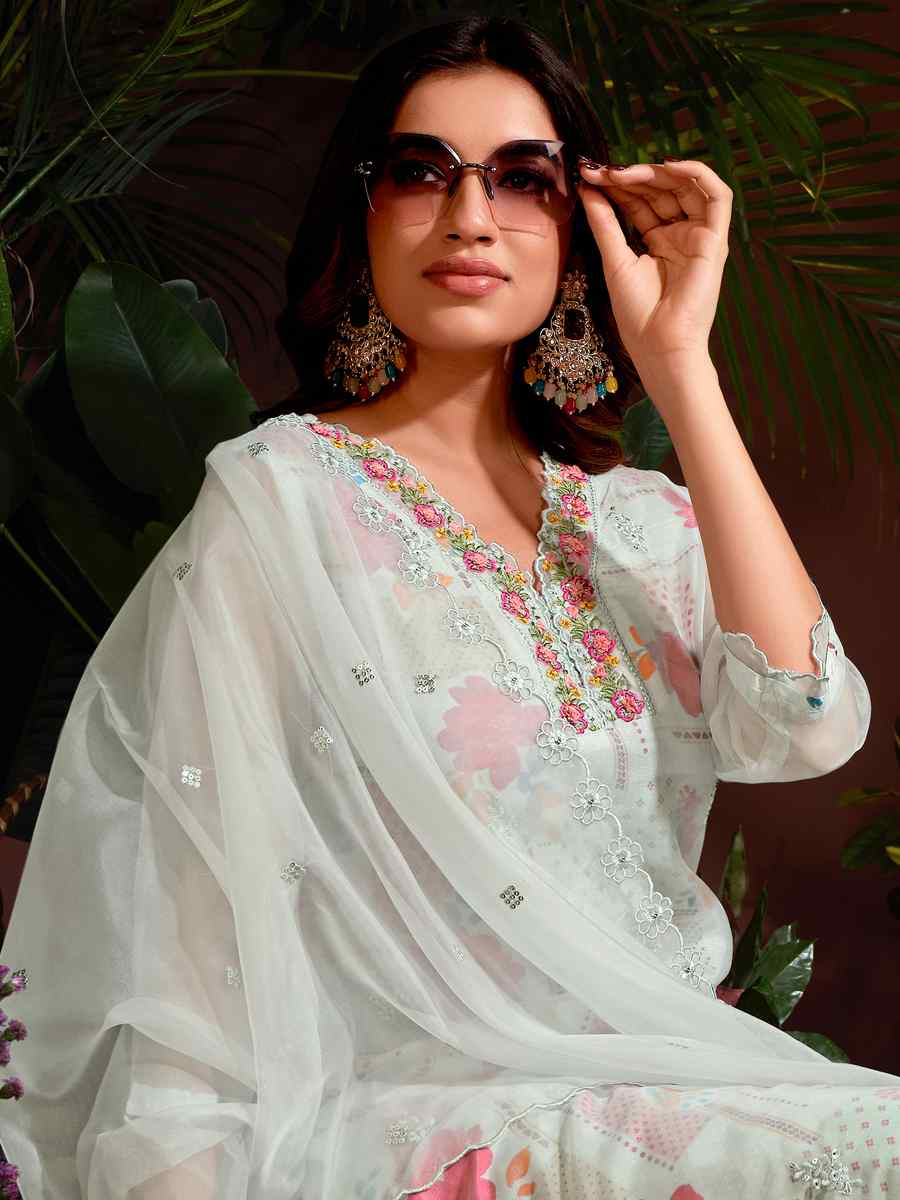 Silver Organza Embroidered Festival Casual Ready Pant Salwar Kameez