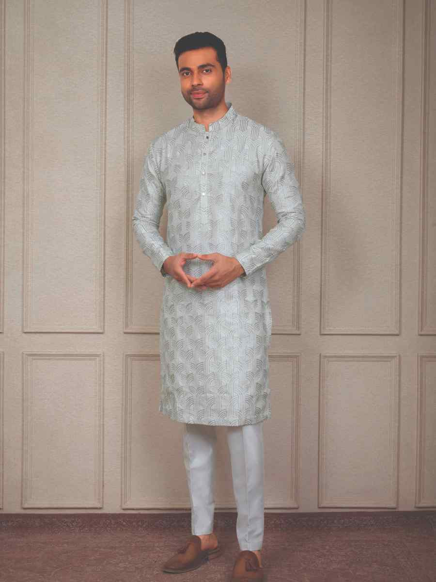 Silver White Silk Woven Party Wedding Kurta