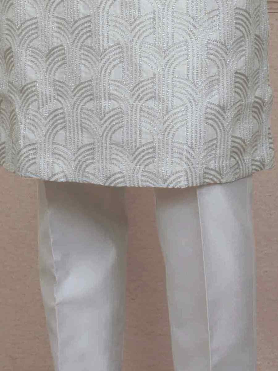 Silver White Silk Woven Party Wedding Kurta