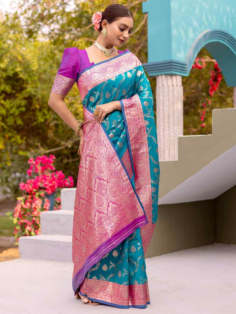 Sky Banarasi Satin Silk Handwoven Festival Wedding Heavy Border Saree