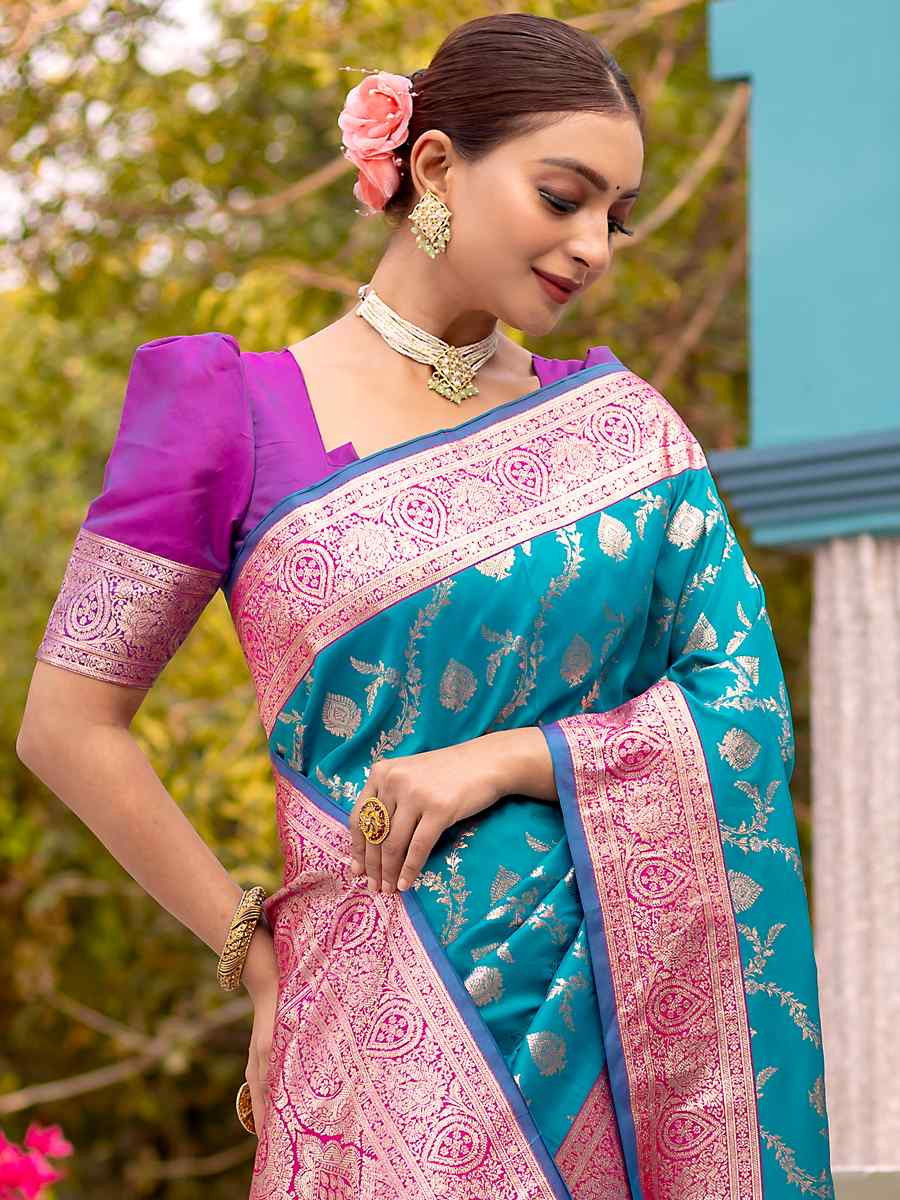 Sky Banarasi Satin Silk Handwoven Festival Wedding Heavy Border Saree