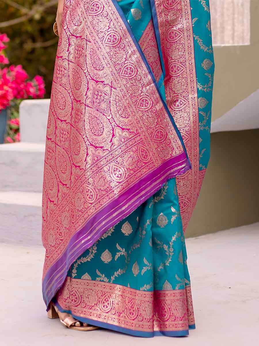 Sky Banarasi Satin Silk Handwoven Festival Wedding Heavy Border Saree