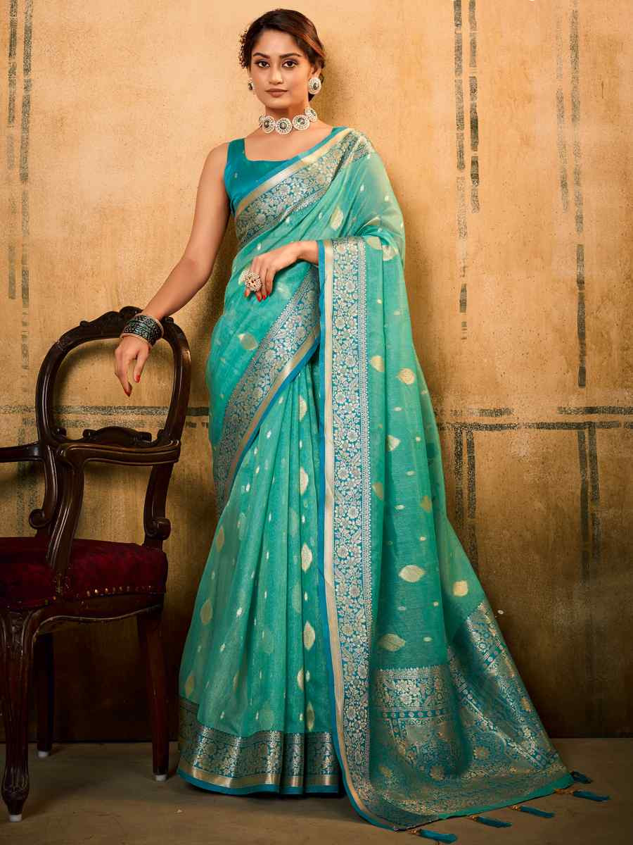 Sky Banarasi Slik Handwoven Festival Wedding Heavy Border Saree