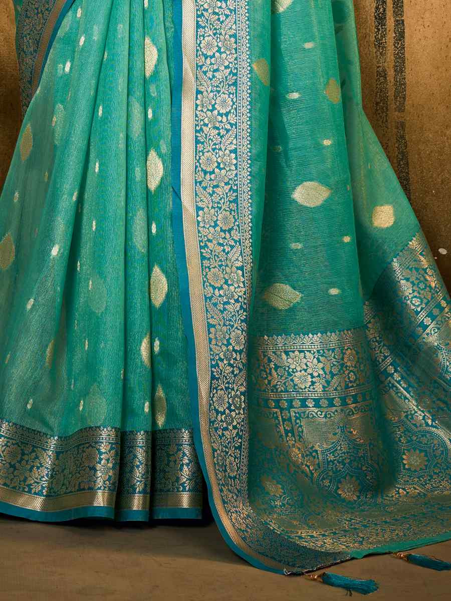 Sky Banarasi Slik Handwoven Festival Wedding Heavy Border Saree