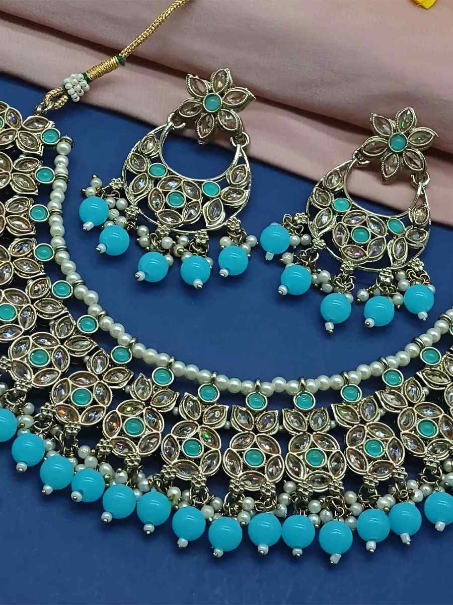 Sky Blue Alloy Festival Wear Kundan Necklace