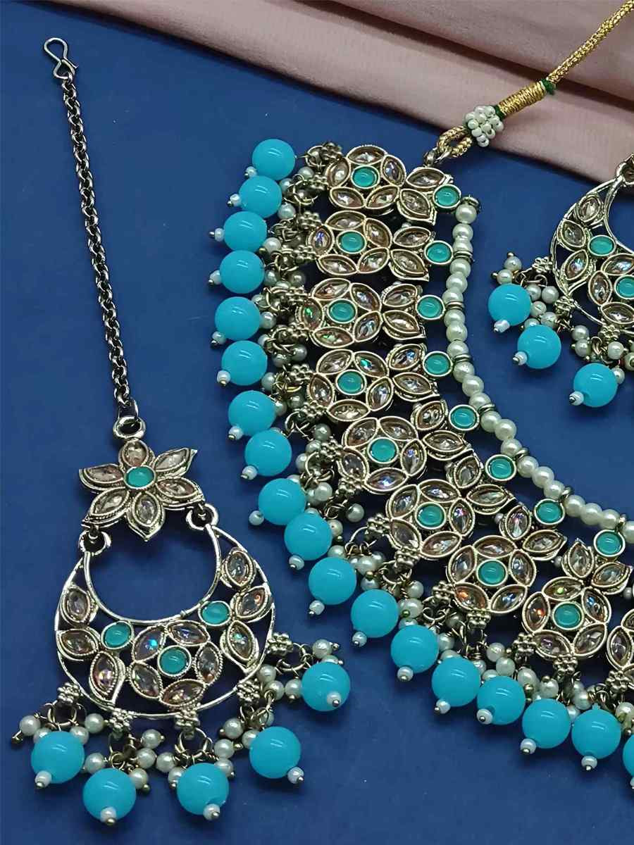 Sky Blue Alloy Festival Wear Kundan Necklace