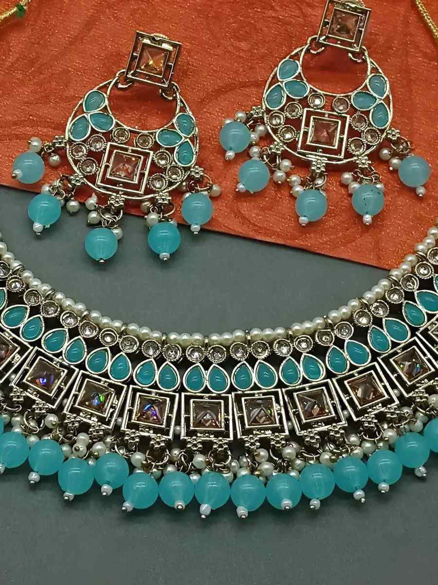 Sky Blue Alloy Festival Wear Kundan Necklace