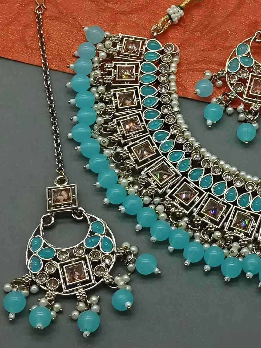 Sky Blue Alloy Festival Wear Kundan Necklace