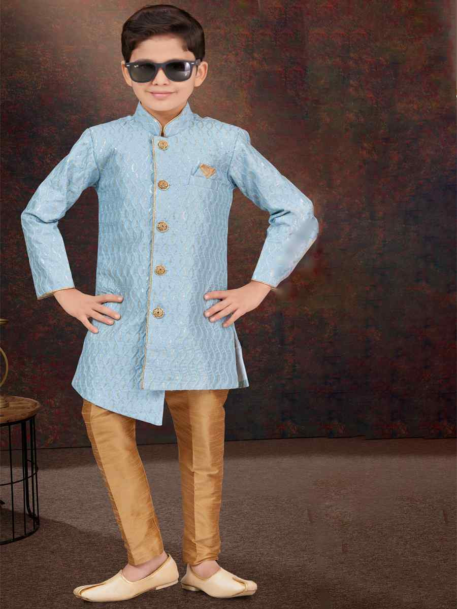 Sky Blue Art Silk Embroidered Festival Wedding Kurta Pyjama Boys Wear